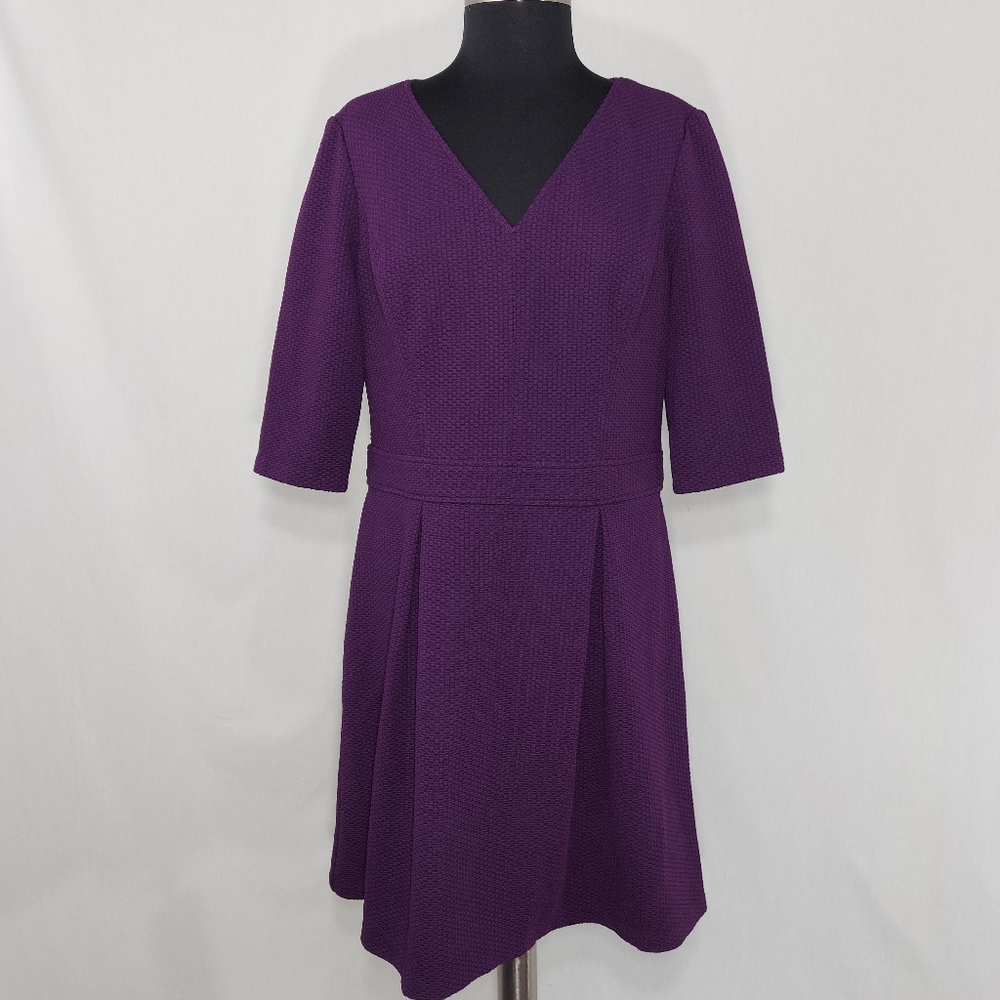 SOLD-'Chaps Dress Aline Pleated Midi Elbow Sleeve Textured Zip Jewel Purple 16